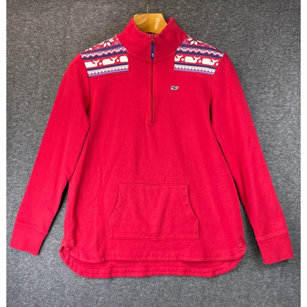 Vineyard Vines Pullover Women‎ M Red Preppy Fair Isle Whale Q Zip Back To School